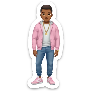 Handsome Black guy with brown skin tone, with muscular build, wearing baggy dark denim jeans, a white t-shirt, pink and gray fuzzy cardigan, white Nike sneakers, a gold watch, and a dainty chain sticker