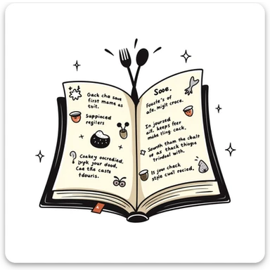 Whimsical enchanted cookbook with magical fork and spoon emblem that's animated with sparkling fairy dust, magical recipe collection sticker
