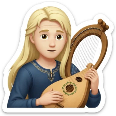 Man with long blonde hair playing a lyre in secret sticker