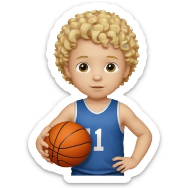 a baby boy with curly blonde hair holding a basketball. his shirt says i love cooke sticker