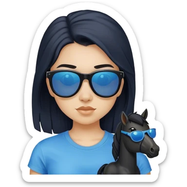 A girl with black long hair with pony, wearing sunglasses and a blue t-shirt. sticker