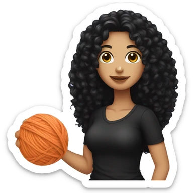 woman with long black curly hair holding one ball of yarn wearing black clothes sticker