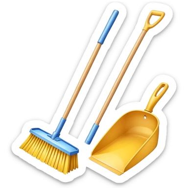 broom and dustpan with sparkles, clean and friendly sticker