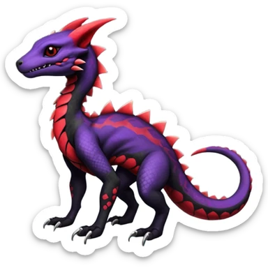 Rare realistic exotic edgy dark gothic gloomy spooky black and red/purple epic pretty beautiful handsome gorgeous aesthetic colorful vibrant Vernid-Trico-species-Fakemon-Salandit-hybrid-creature by LiLaiRa, 4 legs, 1 tail, random markings, (full body) sticker