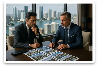 Foto hiper realista que refleje a nuestro cliente ideal de real estate: Empresarios y propietarios internacionales que necesitan vender, reinvertir o diversificar su portafolio en propiedades residenciales o comerciales en Miami, con absoluta confidencialidad y criterio. sticker