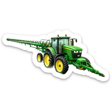 John Deere R4045 (2020) – Cinematic-realistic John Deere R4045 self-propelled sprayer, its green and yellow body gliding over rows of crops. Long booms extend across the field, misting a fine spray over the vibrant green plants, ensuring a healthy harvest under a bright blue sky. sticker