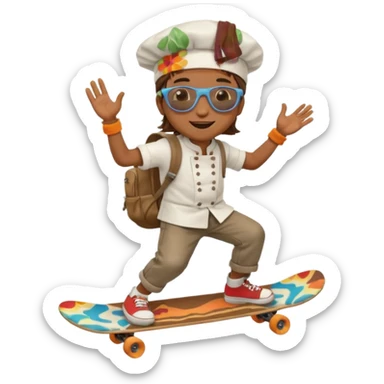 ["A happy boy with brown skin, straight hair, wearing a chef hat and sunglasses, dressed in hippie fashion, is skateboarding while holding a backpack."] sticker