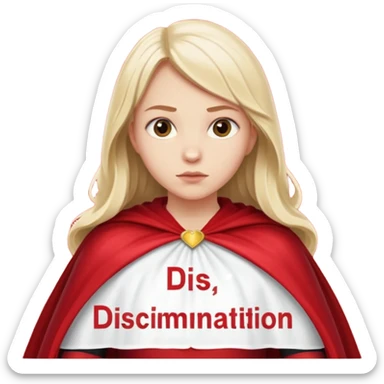 generate me a girl with a cape breaking a text "discrimination" sticker
