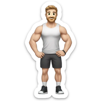 Close up Actively gesturing  with hands Pale skinned Fit Man With the biceps and brown hair in dark gray Sleeveless Mike, black oversize sports shorts, watch and white Sneakers sticker