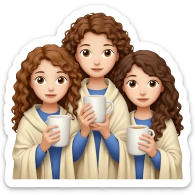 with triple girl with fair skin with long curly brown hair her shoulders are covered with a cream blanket in her hands a white mug her face is calm sticker