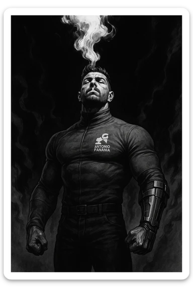 Cinematic Black and white comic book panel of an extremely muscular Italian man with cybernetic implants standing in the dark, surrounded by smoke. He is wearing a long-sleeved shirt with a high collar, and his chest is sculpted. sticker