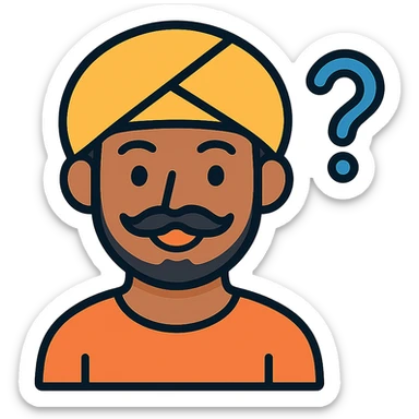 Add a shaped, slight stubble beard to the smiling, curious Indian young man with a moustache, keeping the flat color icon style, with no background. sticker