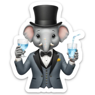 elephant wearing suit, bowtie and top hat, holding glass of water sticker