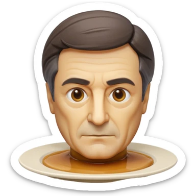 apple style emoji of a bust of François Fillon, entire head, face, and features made from slightly translucent beige flan, no human skin, hair, or eye colors, all flan texture and color, stylized gelée sculpture, on a round white plate sticker