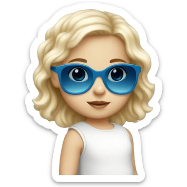 white little baby girl with blue frame sunglasses and dark lens sticker