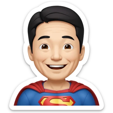 old Chinese dressed as Superman laughing with closed eyes sticker