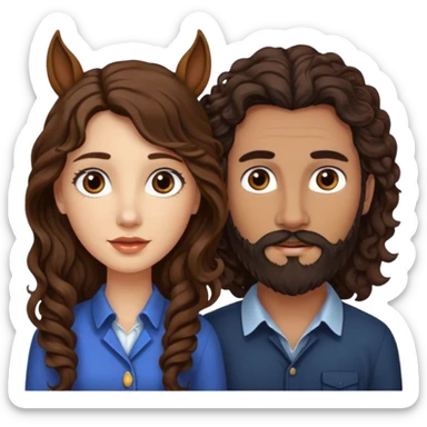pareja de Mujer morena rizada cabello largo castaño ojos oscuros y hombre piel blanca con caballo oscuro con barba y ojos marrones sticker