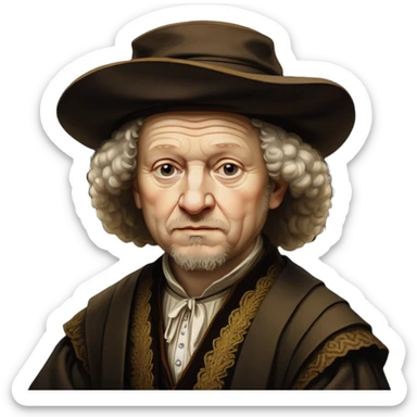 cinematic-realistic-portrait-of-rembrandt,-shown-as-a-master-artist-with-deep,-introspective-eyes-and-richly-detailed-period-clothing,-rendered-with-dramatic-chiaroscuro-lighting-that-emphasizes-his-legacy sticker
