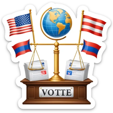 icon featuring podium with a speaker, russian and american flags, and voting ballots. The design includes a globe and scales of justice in the background, representing governance, global affairs, and political theory. Transparent background emphasizes civic engagement and policy. sticker