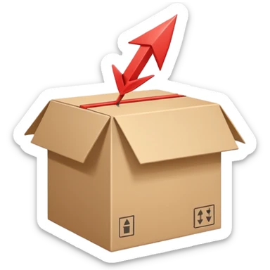 Minimal line-art icon of a shipping box with an arrow going up or a price tag, simple modern style, clean outlines, slightly 3D, no background, transparent, represents “reselling / e-commerce / flipping items” sticker