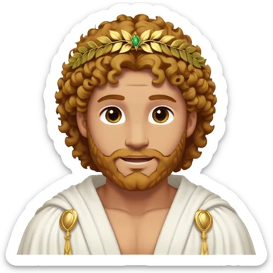 Cinematic Realistic Hercules Portrait, head tilted playfully and inquisitively, showcasing a blend of legendary power and youthful charm with the refined features of Michelangelo's David. His light tan, sculpted skin and thick, curly, golden brown hair—styled with wild majesty—evoke the spirit of the lion-wrestling Hercules. Clad in a softly draped white robe with subtle golden details and adorned with a Greek laurel wreath, his expressive eyes and warm smile capture an approachable yet formidable hero, bathed in gentle natural lighting. sticker