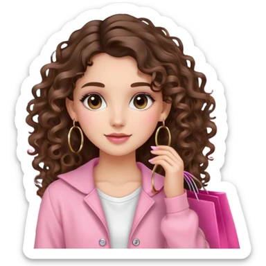 cute balayage brunette long hair curly/wavy haired girl, hoop earrings, clean girl makeup DOING SHOPPING WITH PINK CLOTHES ON sticker