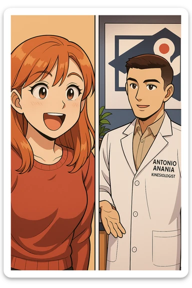 su questo stile fai un manga/webtoon a colori in cui C'è UNA STRISCIA CON FOCUS SUL VOLTO DELLA donna CON ESPRESSIONE DI STUPORE CHE ESCLAMA UNA COSA FELICE, MENTRE NELLA STRISCIA A DESTRA SI VEDE, l'uomo della foto in stile manga LE SPIEGA CHE DEVE PROVARE LA SUA VALUTAZIONE MEDICA, mantieni un ambiente simile alla foto che ho allegato con il suo logo (sarebbe il suo studio, lui è un kinesiologo), scrivigli "ANTONIO ANANIA" sul camice bianco, non mettere fumetti, ma fai in modo che sembri che la donna CHIEDA E  l'uomo RISPONDA sticker