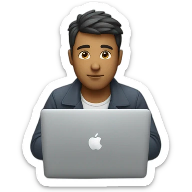 man working on his macbook laptop looking down sticker