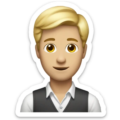 a guy with short blond hair and dressed like a painter holding a painting sticker