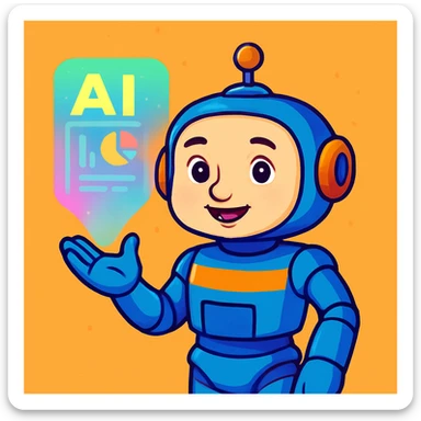 Make the sentient AI robot look more human, with a softer face, human-like skin tones, and expressive eyes, keeping the colorful cartoon style. sticker