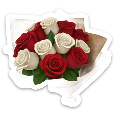 Rose bouquet wrapped in brown paper, red and white roses. The paper must show at the back and the bow must be rope. White and res roses. Just a bit bigger sticker
