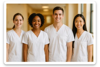 four nursing students standing side by side, not touching each other, warm atmosphere, wearing short-sleeved white uniforms, no undershirts or stethoscopes sticker