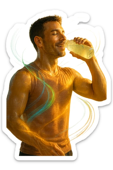 Uomo atletico sui 30 anni, al mattino presto, mentre beve una bevanda trasparente ricca di elettroliti da una borraccia. Il suo corpo è illuminato da una luce naturale dorata e mostra una leggera aura energetica attorno ai muscoli, simbolo di rigenerazione e recupero. Espressione rilassata e vitale, pelle idratata e luminosa. Intorno a lui flussi leggeri e colorati (blu, verde, arancio) rappresentano il bilanciamento degli elettroliti: sodio, potassio, magnesio. Ambiente naturale o cucina moderna minimalista. Atmosfera positiva, pulita e rinvigorente. sticker