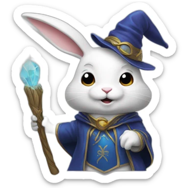 A white rabbit wearing a wizard sticker