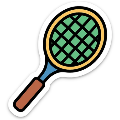 tennis racket, color icon style, classic look, brown handle and green strings sticker