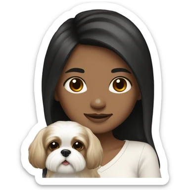 Tan girl, with long black hair, holding white shih tzu with light brown spots sticker