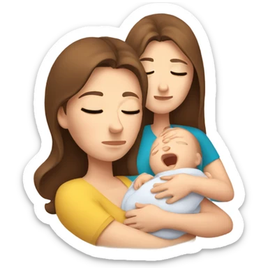  tired caucasian mother with brown hair, ,  holding newborn baby sticker