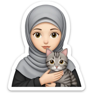 White girl wearing hijab holding a black and grey tabby cat sticker