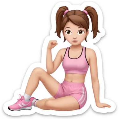 A woman with brown hair in two ponytails. Wearing a light pink sports bra and light pink elasticated shorts, she sat down as a member.  sticker