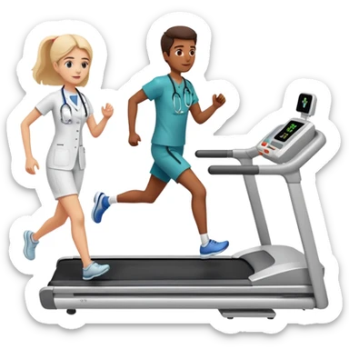 patient running on a treadmill, heart monitor display, and a doctor nearby sticker