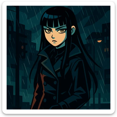 gothic shoujo anime girl named EchoMoon, long black hair, sharp bangs, pale skin, amber green eyes, cold expression, dark raincoat, gloves, standing in rainy urban setting, dramatic lighting, ultra-detailed, moody, dark palette sticker