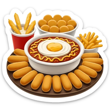 iOS 18 style emoji of a Chili’s Tripper Dipper platter with mini cheeseburger sliders, mozzarella sticks, chicken tenders, and dipping sauces, glossy Apple emoji design, rounded, bright colors, soft shading, white background. sticker
