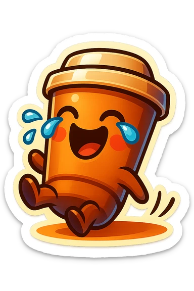 Tall coffee cup, laughing hard, tears in eyes, rolling on ground, dramatic laugh sticker