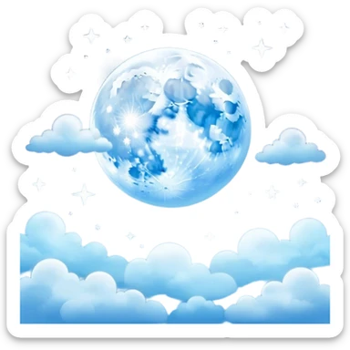 "A dreamy night sky illustration with a glowing full moon, soft clouds, and twinkling stars in shades of blue."
 sticker