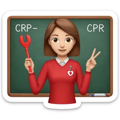 Happy Teacher, female, brown hair up, wearing a red long sleeve top holding a pointer stick to a white board with a CPR logo. sticker