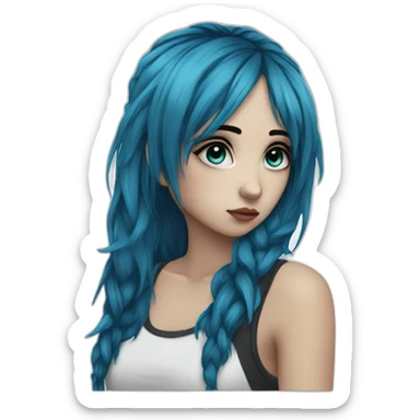 Side profile sad emo girl, black makeup, long choppy blue hair side bangs sticker