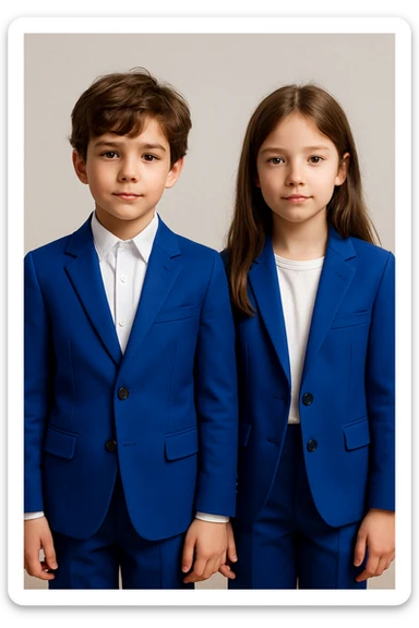 boy and girl standing side by side, both in cobalt blue suits, brown hair, neutral background sticker