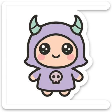 Make the white and black gothic kawaii phone case more minimal, reduce details, keep only one or two simple gothic symbols, big eyes, smiling, playful, cartoonish, no purse references, with no background. sticker