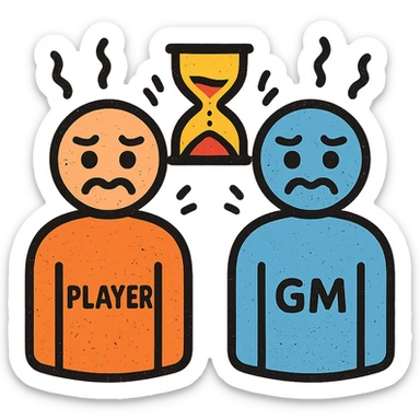 ultra-minimalist icon of two simple figures representing player and GM side by side, trembling clock or hourglass, extremely worn and eroded texture, anxious and stressed expressions, sense of terror sticker
