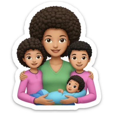 Polaroid photo with a Black woman with an afro hairstyle and a green blouse, two children: a boy with straight hair and a blue shirt, and a baby girl in a pink shirt. All are smiling. sticker